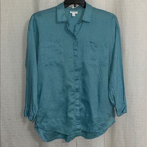 J. Jill S Seafoam Blue Love Linen Button Front Relaxed Fit Long Sleeve Shirt